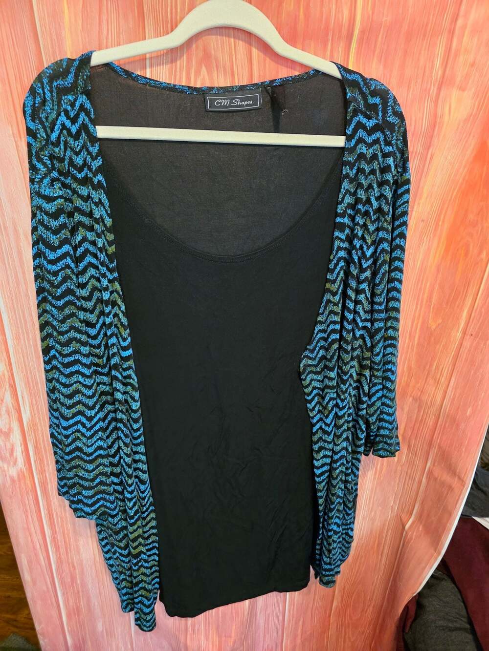 CM Shapes Women's Blue And Black Geometric Chevron Open Front Shrug Cardigan Top